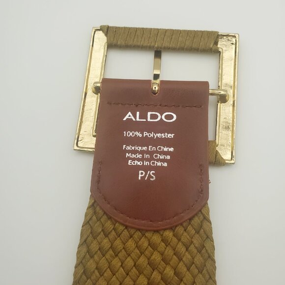 ALDO Women's Wide Woven Belt Gold Brown Square Buckle Faux Leather Trim Boho - Picture 6 of 6